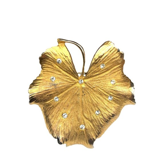 Vintage Coro Lily Pad Brooch, Brushed Gold Tone Botanical Pin Studded - Picture 1 of 4